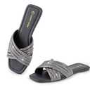 LUCKY STEP Women's Rhinestone Flat Sandals Open Toe Summer Glitter Bling Sparkle Dressy Slip on Outdoor Crossed Strap Slide (Black,9 B(M) US)