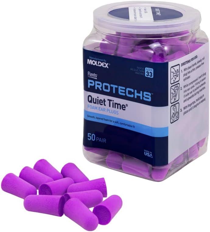 Flents Protechs Foam Ear Plugs, 50 Pair for Sleeping, Snoring, Loud Noise, Traveling, Concerts, Construction, Studying, Work, Shooting, NRR 33, Noise Cancelling, Disposable, Purple, Made in the USA