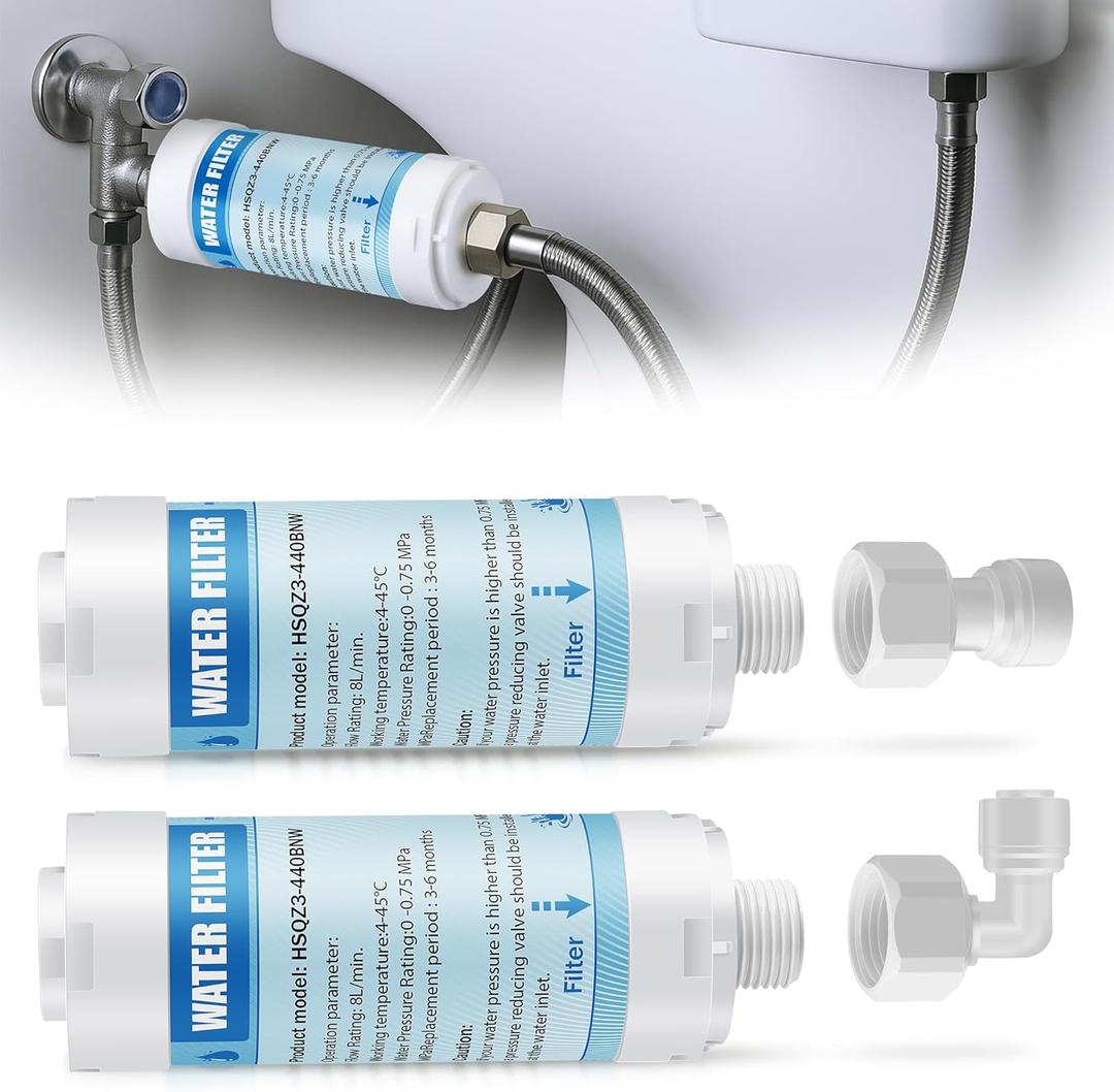 2 Pack Bidet Water Filter and Adapter for Electric Bidet Toilet Seats, Reduce Mineral Deposits & Soften Hard Water, Essential Protection for Smart Toilet, Compatible with 1/2", 3/8", 1/4" Hoses