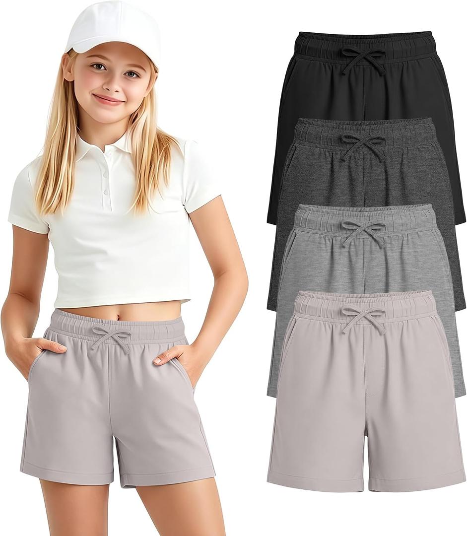 2 x 4 Pack Shorts for Girls 5-14years | Kids Wide Leg Shorts, Teen Athletic Shorts, Sweatshorts, Summer, Casual, Elastic Waist, Pull On, 2 Pockets, School, Running (Gray)