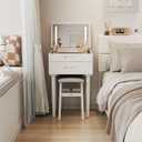 Muwuele Solid Wood Small Vanity Desk with Mirror and Lights, Narrow Makeup Vanity for Small Space, Flip Top Vanity Side Table, 3 Color Modes & Adjustable Brightness, 19.6" Slim Dressing Table, White, 19.6" Wide