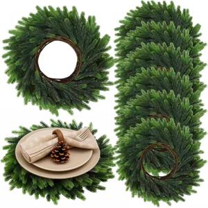 Christmas Placemats Set of 6 Round Greenery Place Mats Xmas Circular Artificial Wreath Dining Table Decor Winter Fake Plants Branches Mats for Kitchen Accessories (Norfolk)