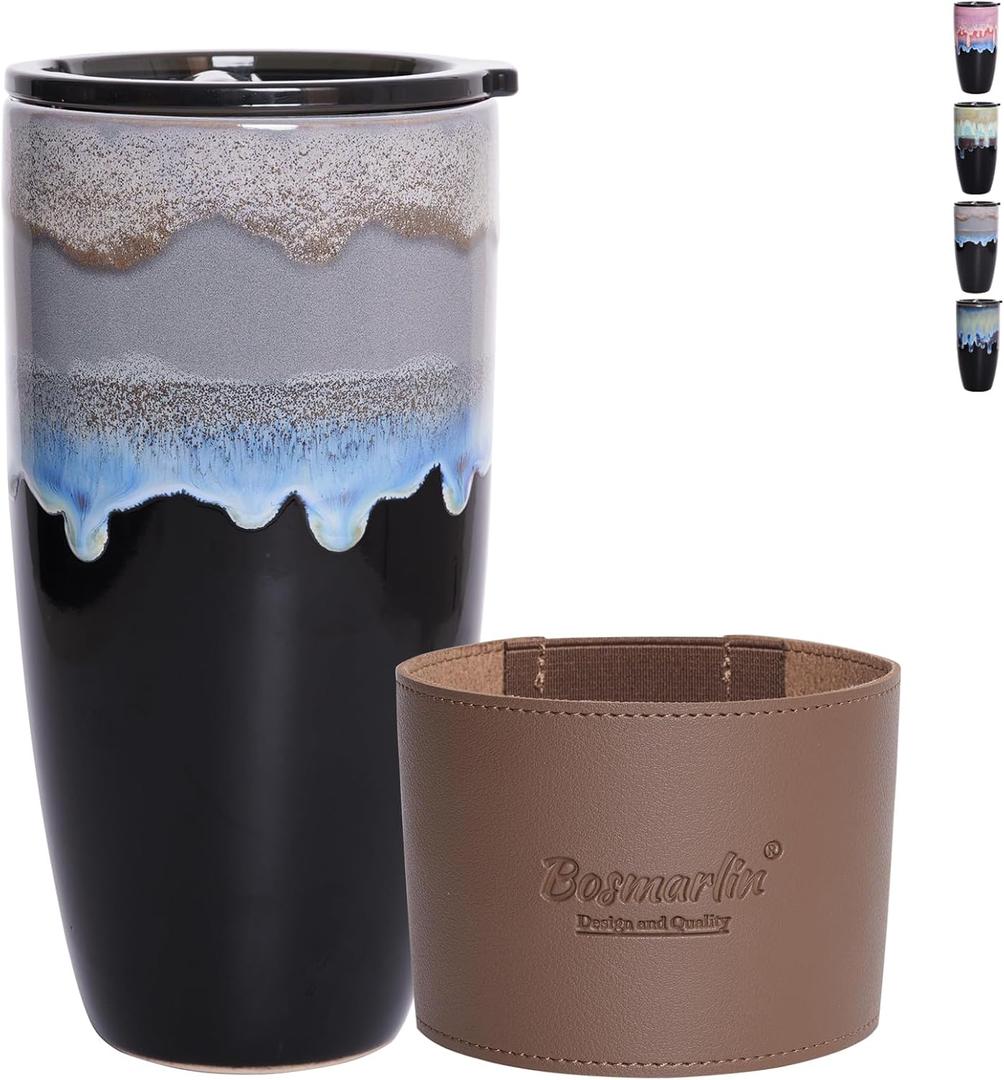 Bosmarlin Ceramic Travel Coffee Mug with Lid, 21 oz, Portable Coffee Cup for Car Cup Holder, Microwave and Dishwasher Safe, Reactive Glaze (Gray)