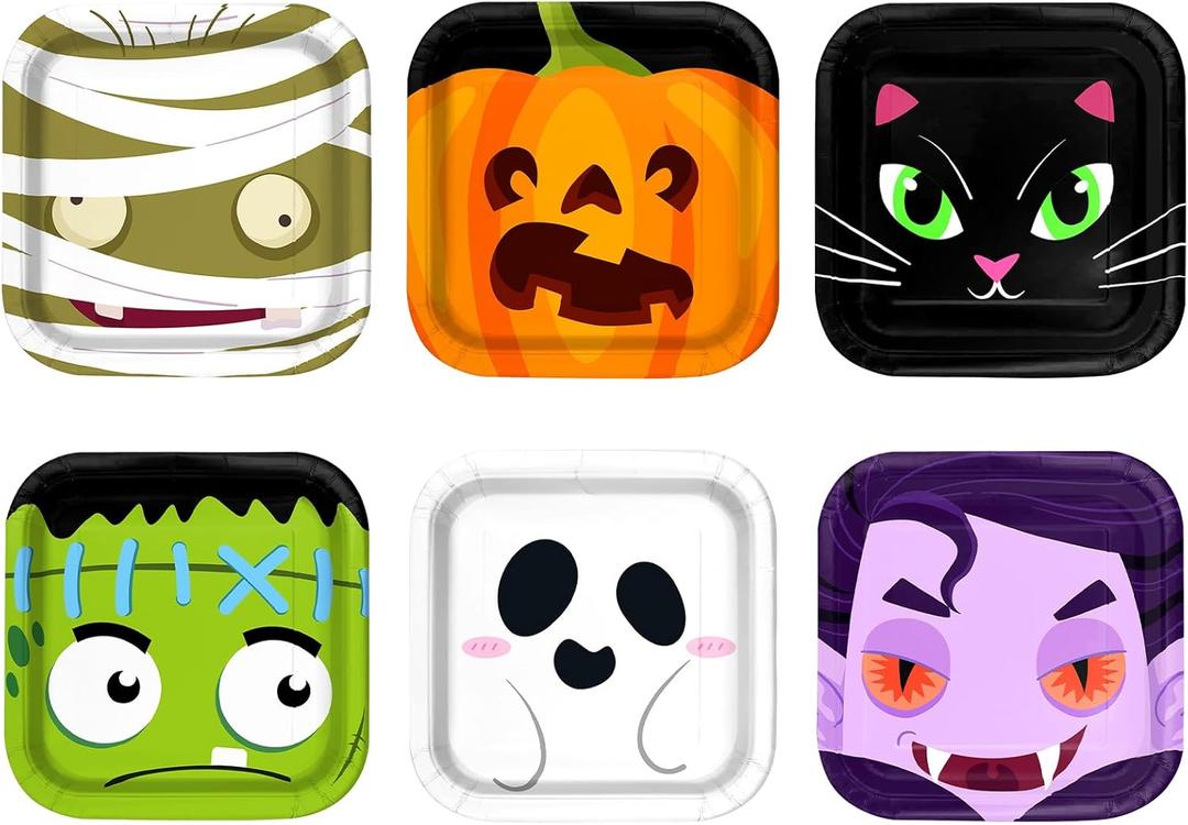 Yizeda 60Pcs Halloween Paper Plates, 6 Design Disposable Dinner Plates Pumpkin Cat Frankenstein Vampire Bat Ghost for Halloween Party Supplies Dinner Tableware Decoration Supplies, 9 Inch