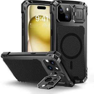 Lanhiem for iPhone 15 Plus Metal Case, [Built-in Camera Kickstand & Glass Screen Protector] Heavy Duty Full Body Military Rugged Shockproof Magnetic Aluminum Alloy Cover for 15 Plus 6.7" (Black)