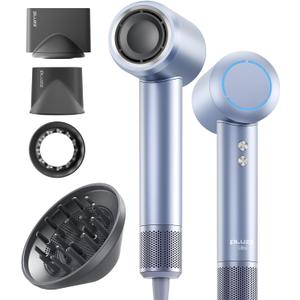 PLUZZ Professional Hair Dryer with Diffuser for Curly Hair, 400M Negative Ionic Blow Dryer for Fast Drying, 120,000 RPM High-Speed Brushless Motor, Low Noise Lightweight, Travel-Friendly (Silver Blue)