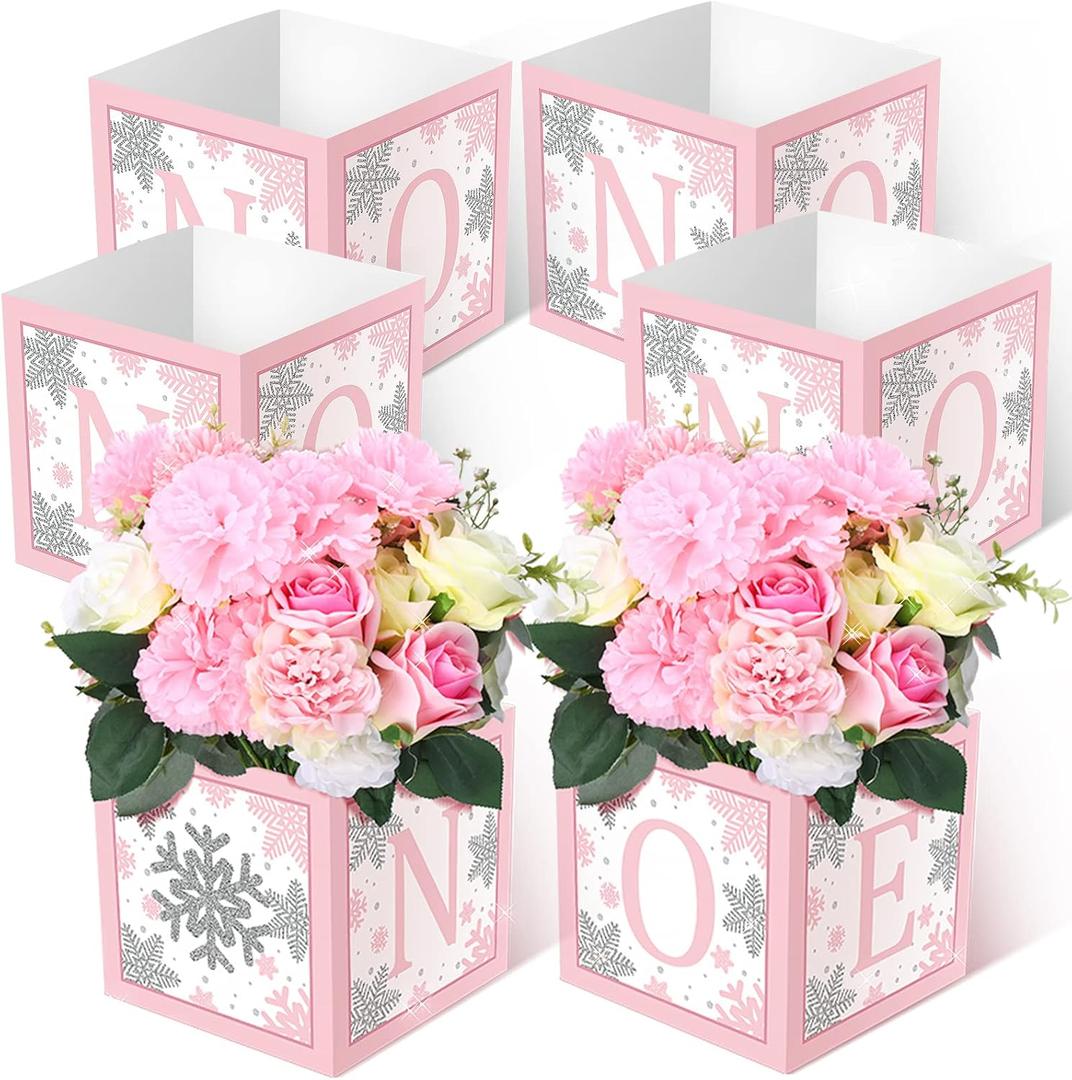 6 Pcs Winter Onederland Snowflake 1st Birthday Decorations Girl Boy Baby Shower Centerpiece One Flower Boxes for 1st First Birthday Decorations Baby Block Centerpieces for Tables