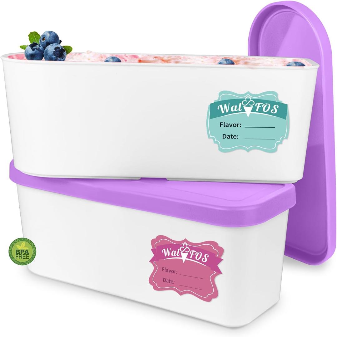 Walfos Ice Cream Containers for Homemade Ice Cream - 1.6 Quart, Bonus Sealing Bands Keeping Silicone Lids Airtight, Reusable Ice Cream Tubs, Stackable Freezer Storage for Yogurt, Sorbet - Purple