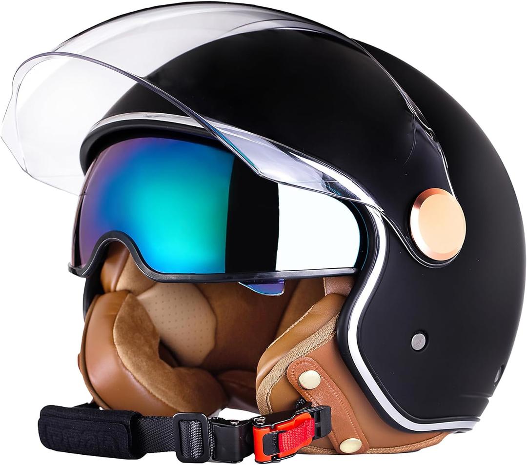 Open Face Motorcycle Helmet, 3/4 Retro Classic Moped Helmet for Adult Women Men, Half Face Vintage Motorcycle Helmets with Visor for Scooter DOT/ECE Approved (X-Large)