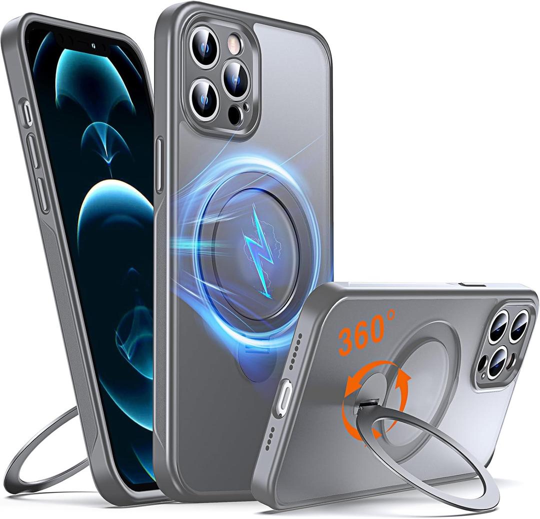 360 O-Ring MagStander for iPhone 12 Pro Max Case with Magnetic Kickstand Ring Holder [Compatible with MagSafe][360Rotate Stand][Military Shockproof] iPhone 12 Pro Max Phone Cover Grey