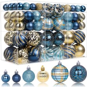100ct Christmas Ball Ornaments Set, Blue and Gold Shatterproof Hand-Painted Hanging Baubles Decoration Bulk for Xmas Tree, Wreath, Garland, Home Holiday Decor