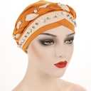 Fxhixiy Women Hijab Beading Pearl Braid Turban Hat Head Scarf Cancer Chemo Beanies Bandana Headwrap Cap (Yellow Beige)