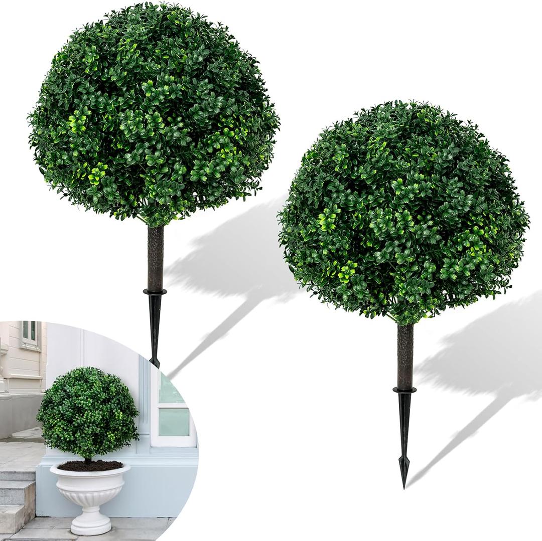 27.6''H Artificial Boxwood Ball Tree 2 Pack, UV Resistance Rated with Spike, Easy to Install, Fake Outdoor Plant for Front Door Decor, Home Decor, Garden, Wedding Decor (Dark Green)