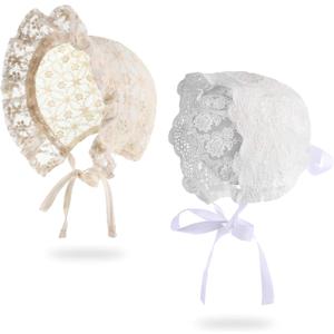 Unittype 2 Pieces Baby Girl Lacy Bonnet Eyelet Lace Christening Bonnet Cap Toddlers Beanie Breathable Sun Protection Hat White,40- 44cm 16.5-17.3 inches in head circumference