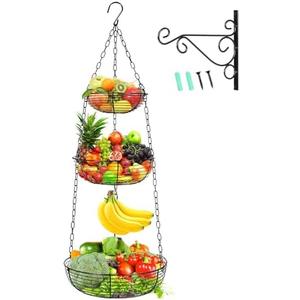 HULISEN 3 Tier Hanging Fruit Basket with Banana Hook, 36-Inch Heavy-Duty Wire Hanging Baskets for Kitchen Storage, Vegetable Produce Organizer (Including Installation Bracket)