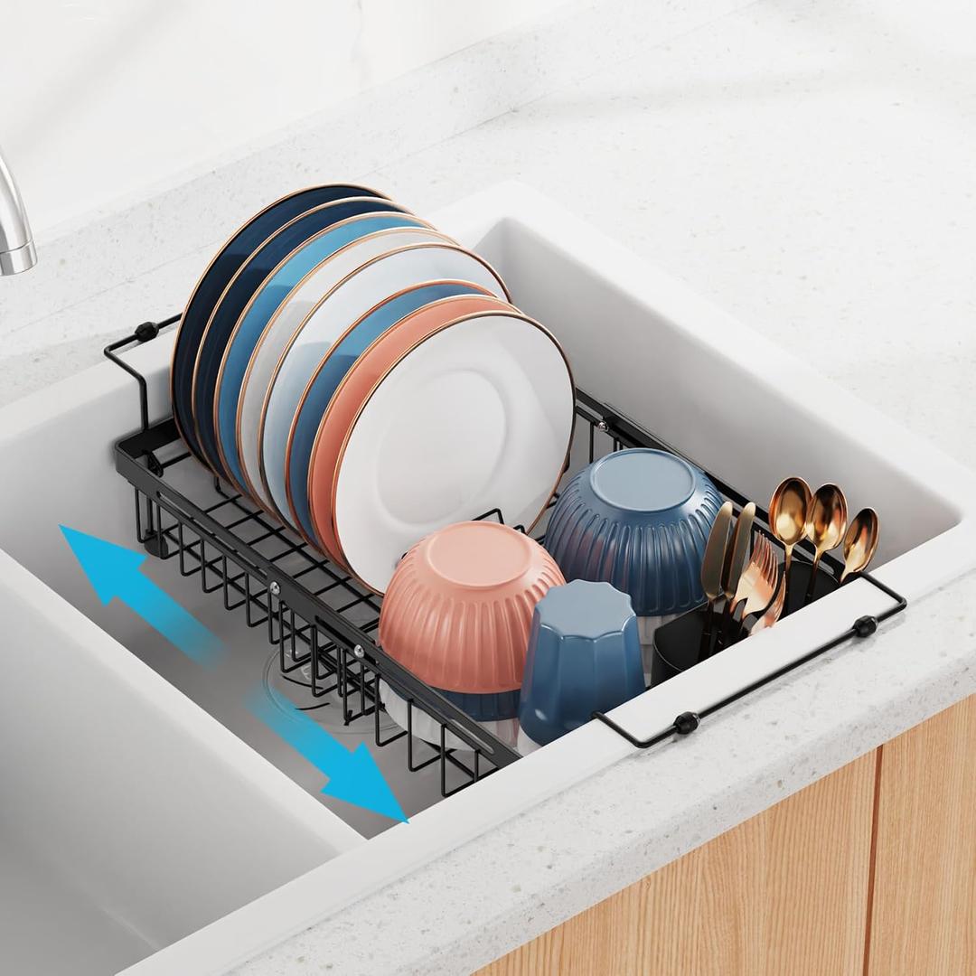 iSPECLE Expandable Dish Drying Rack for Large Kitchen Sink - Rust Resistant Adjustable Over The Sink Dish Drainer with Tightening Knob, Arms with Non Slip Rubber, 12.8" W x 15.8"-20.7" L, Black
