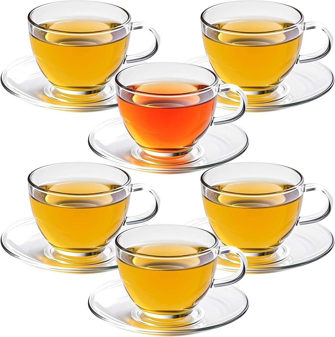 7oz Glass Tea Cups and Saucers,6 Pack Clear Teacup and Saucer Set,Glass Tea Cups with Handles for Cappuccino,Tea,Juice