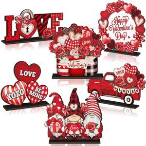 Wenqik 6 Pcs Vintage Rustic Valentines Day Wooden Table Decorations Classic Red Valentines Day Wood Tabletop Sign Centerpiece Romantic Decor for Farmhouse Home Kitchen Tiered Tray