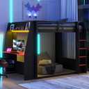 Merax Queen Over Queen Wooden Gaming Bunk Bed with Built-in Desk, LED Lights, USB Port, and 2 Storage Shelves, Solid Wood Gaming Loft Bed for for Bedroom, Black+Red