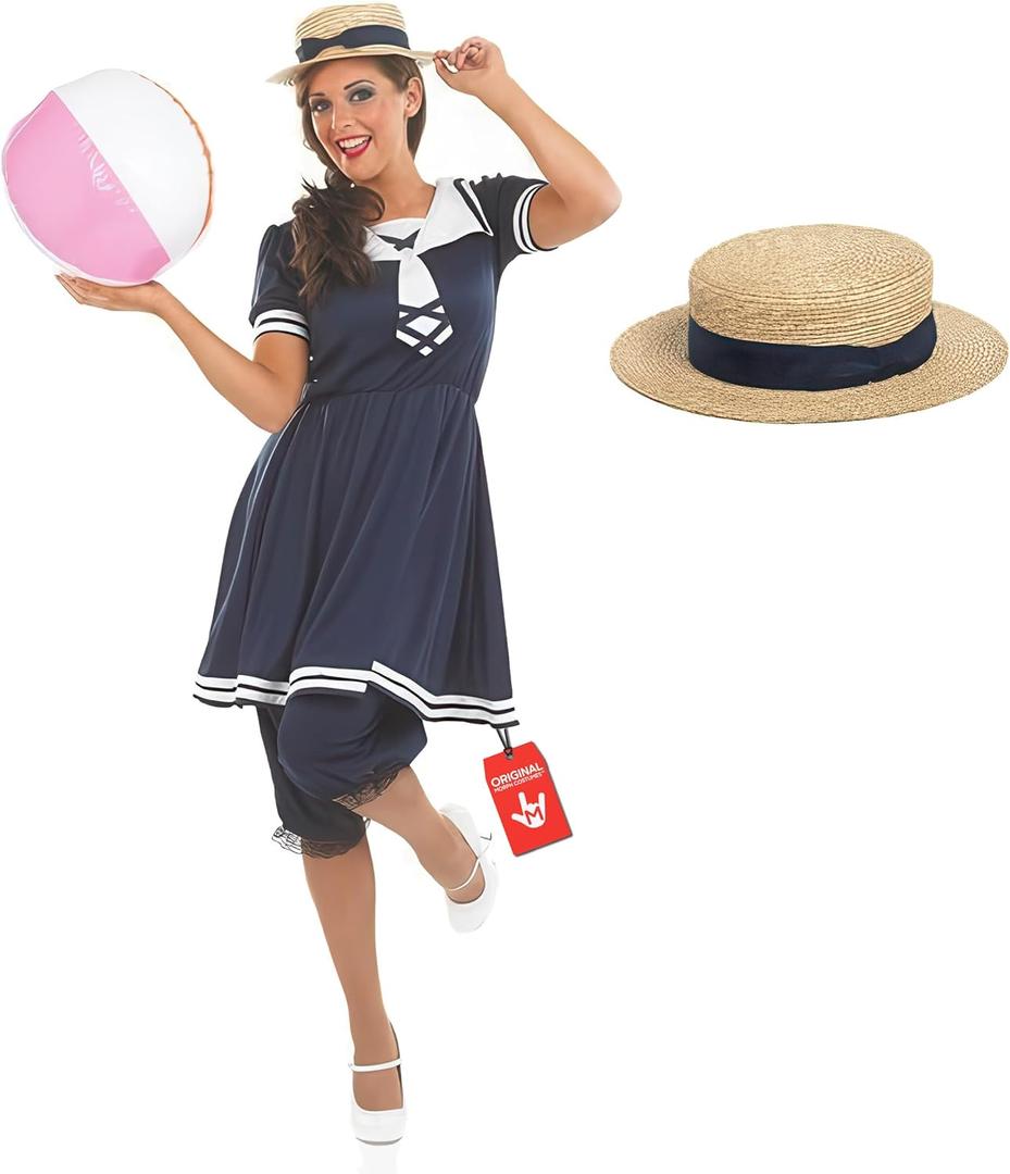 fun shack Victorian Dress Old Time Bathing Suit Women, Victorian Costume Women, Women's Fancy Dress Costume (Medium, Blue)