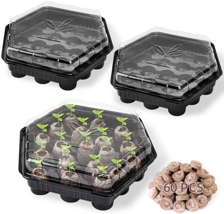Seed Starter Kits with Peat Pellets Pod, 19 Cell Seed Starter Tray with Heightened Lid,Thicken Seed Starting Trays Seed Growing Plant Germination Kit (Black -3pack)