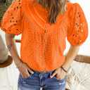 BETTE BOUTIK Women's Long Short Sleeve Tops 2025 Dressy Casual Button Hollow Out Lace Embroidered Blouses Shirts (Orange, M)