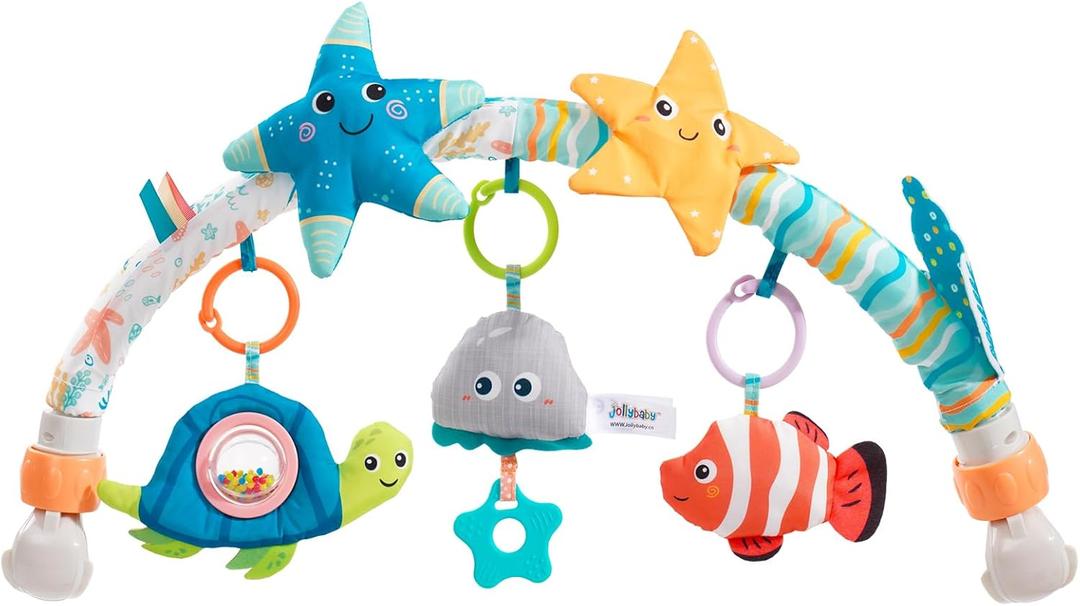Baby Stroller Arch Toy for Infant & Toddler 0-6 Months, Musical Travel Car Seat Toys W/ Teether, Adjustable Mobile Arm for Crib, Bassinet, Pram, Bjorn Bounce Bar Activity Hanging Accessory 6-12(Sea)