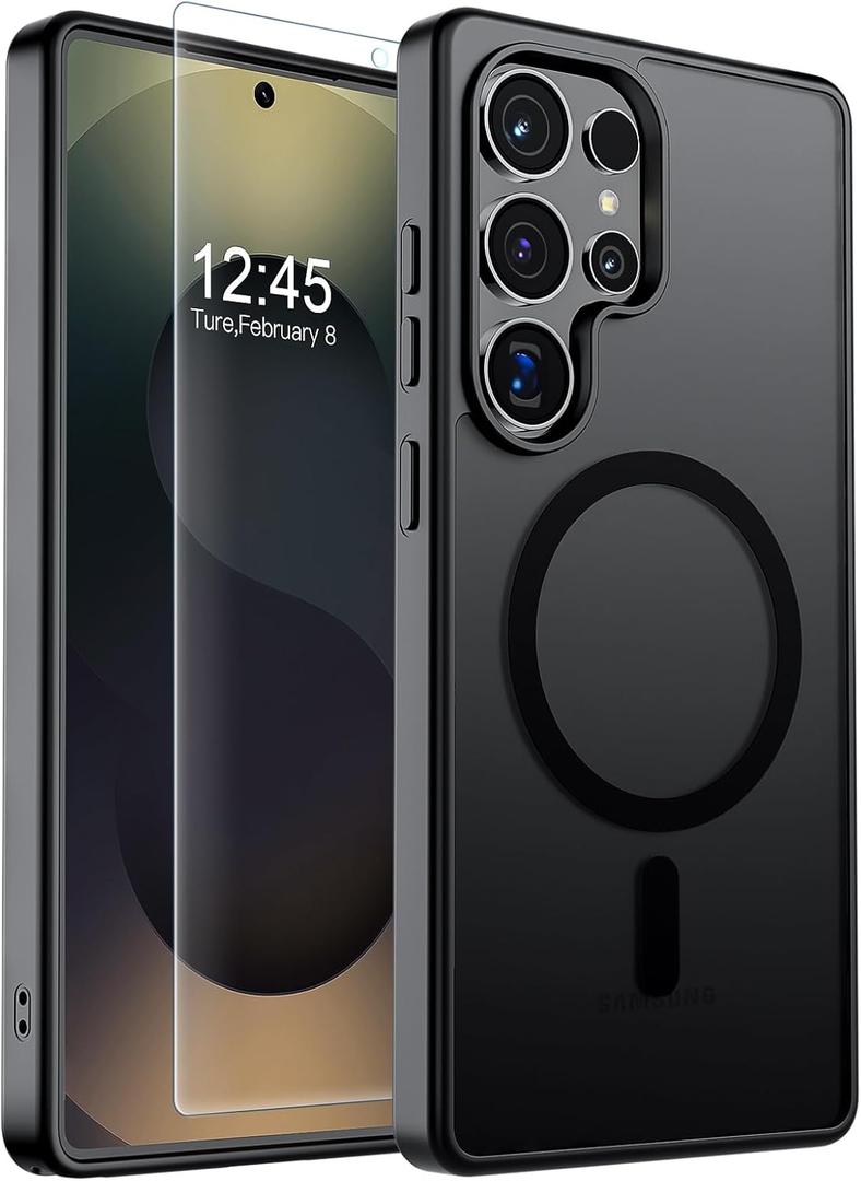 SUPFINE Magnetic for Samsung Galaxy S25 Ultra Case with Screen Protector, (Built-in Magnets) (Military Grade Drop Protection) Slim Translucent Shockproof Phone Case,Black