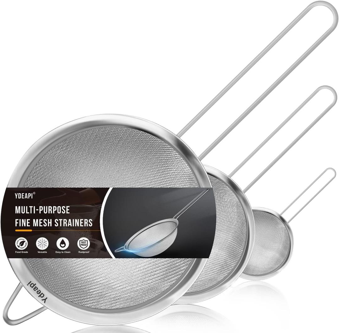 Fine Mesh Strainer, Stainless Steel Strainers with Sturdy Handle, Set of 3 Metal Sieve for Kitchen Food, Rice, Quinoa, Tea - 7", 4.6", 2.7"