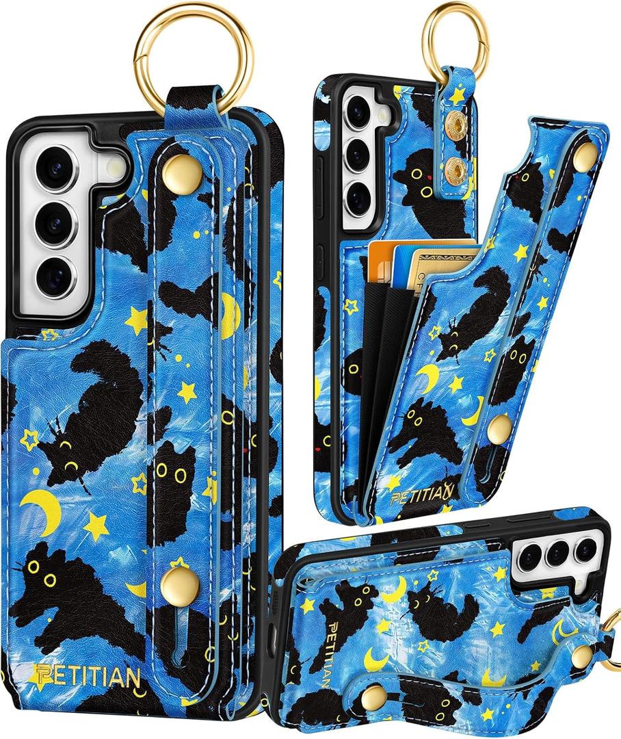 Petitian for Samsung Galaxy S22 Case with Wallet - Women Girls Cute Girly Aesthetic Unique Design Leather Credit Card Holder Cardholder Stand Wristband for S22, Blue Cat