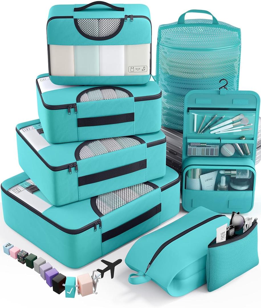 Veken 8 Set Packing Cubes for Travel Essentials, Suitcase Organizer Bags in 4 Sizes, Carry-On Luggage Accessories with Large Laundry & Hanging Toiletry Bag, Must-Have for Airplane, Road Trip & Camping