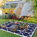 GENIMO 5' x 8' Outdoor Rug Waterproof for Patio Decor, Foldable Reversible Plastic Straw Area Rugs Mat for Camper, Outside Carpet for Rv, Deck, Porch, Picnic, Beach, Balcony, Blue & White