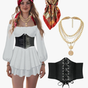 Women Pirate Costume Dress with Corset Accessories Long Sleeve Romper Short Off Shoulder Dress
Size -S