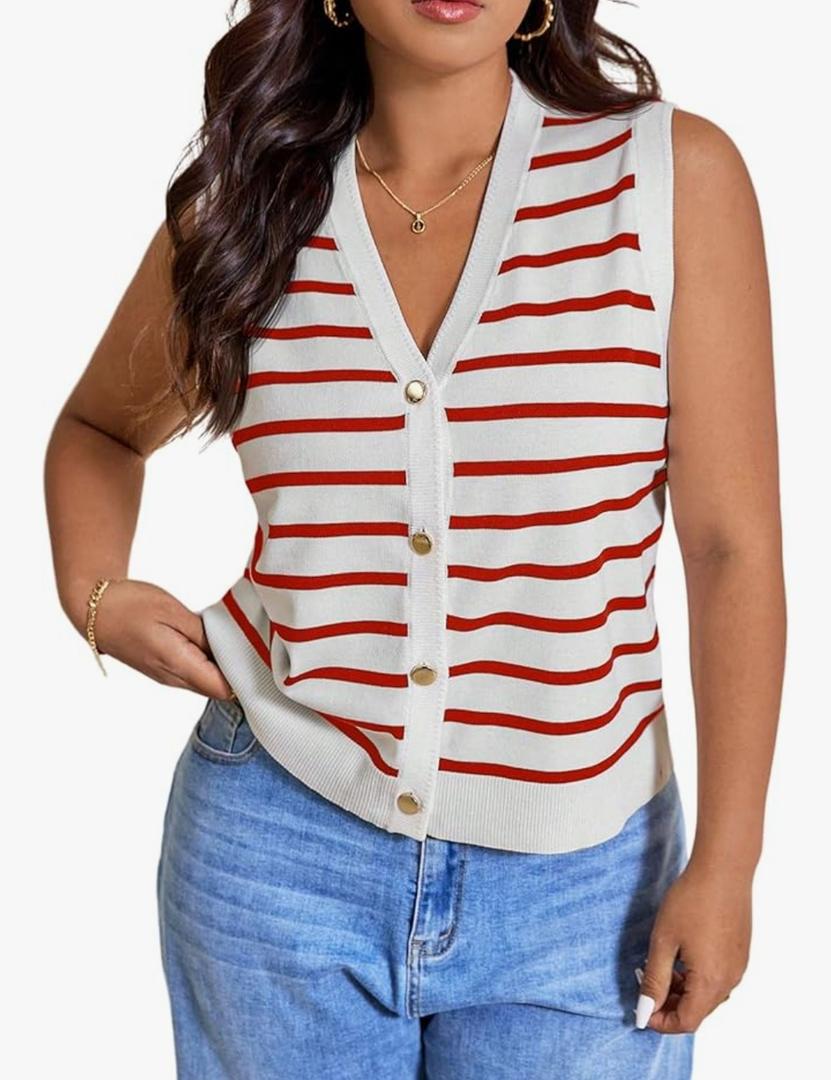 Women's Plus Size Old Money Vest Tops 2025 Striped Sleeveless Button Up Sweater Vests, 2XL
