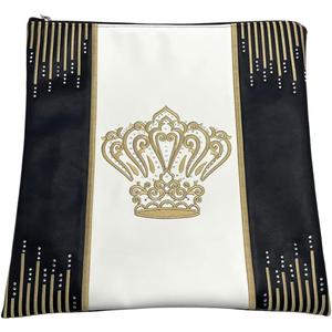 Jewish Tallit Bag with Gold Crown Embroidery, Black and White with Rhinestone Accents, Zippered Tallis Storage Pouch