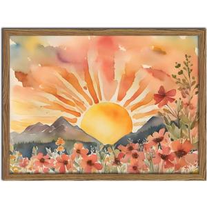 Framed Sunset Boho Wall Art for Living Room - Modern Abstract Floral Canvas Picture Boho Wall Decor, Sun Landscape Aesthetic Painting Poster Prints for Bedroom Home Office 10x8 Inch