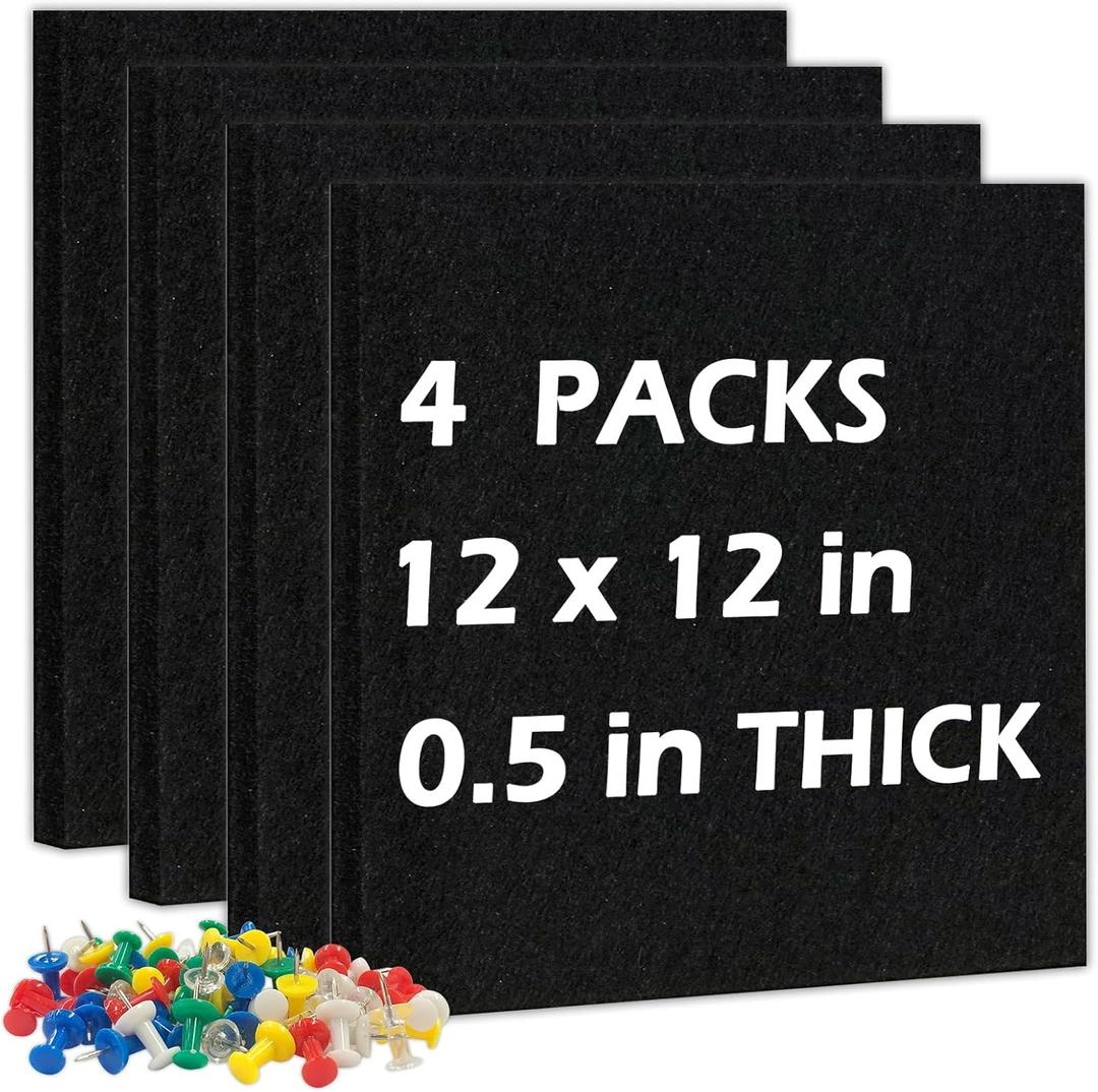 DOLLAR BOSS Felt Cork Board Tiles, 4 Packs 12" x 12" 1/2" Thick Cork Bulletin Board Self Adhesive Acoustic Panels Soundproof Corkboards for Walls with 40 Pushpins for Home Office Kitchen School, Black (4PCS)
