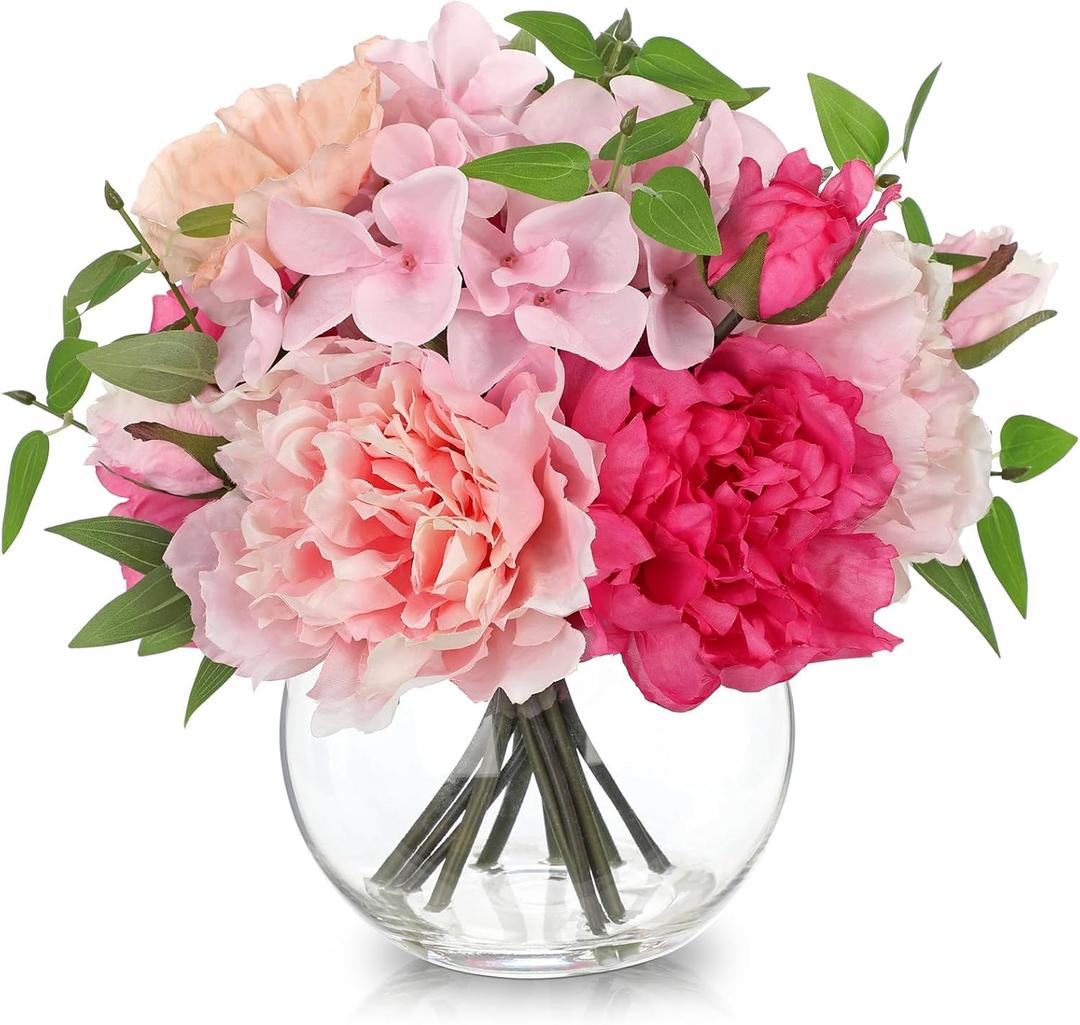 Artificial Flower in Vase, Faux Silk Flowers Arrangement Peony Hydrangea Poppy Eucalyptus Bouquet with Faux Water, Fake Floral Centerpiece for Dining Table Home Decor Wedding Office Shelf - Pink