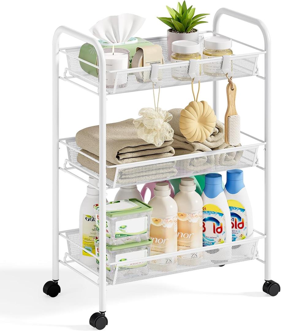 Metal Rolling Utility Cart, 3-Tier Mesh Wire Storage Trolley with Easy Assembly, Organizer Craft Cart 3 Hooks, Mobile Shelving Unit for Kitchen, Bathroom, Laundry Room, and Home (White)