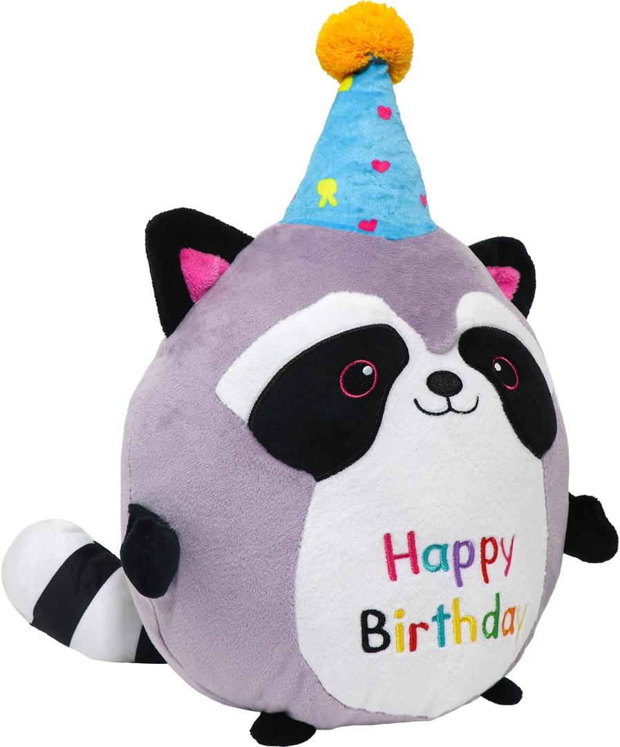 CAIYUEGG Raccoon Plush Toy 10 Inch Cute Birthday Stuffed Animal Soft Raccoon Plushies Pillow Wear Unicorn Birthday Hat Kawaii Cartoon Doll Gifts for Kid Toddlers Home Room Decoration