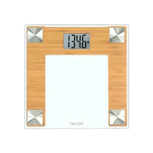 Taylor Digital Bathroom Scale with bamboo for Body Weight, Large 12.2 Inch Glass Platform, Blue Backlit LCD Display, 440 lb Capacity, Weight Tracking for 2 Users, Clear