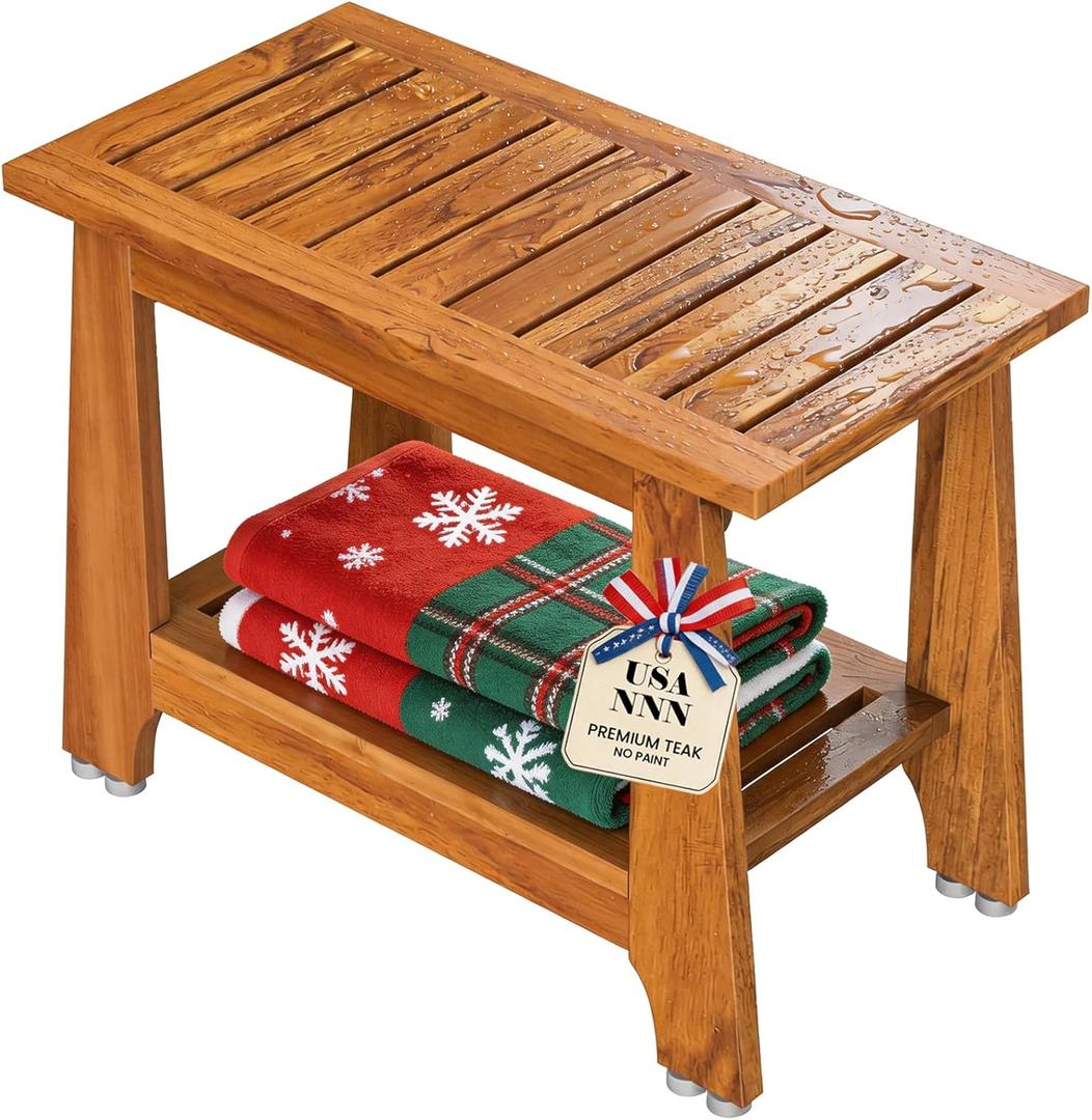 NNN 24" Commercial Teak Shower Bench - 8 Non-Slip Leveling Feet & 350 lbs Capacity | Rock-Solid Stability for Seniors & Spa Safety | Waterproof Design for Saunas/Outdoor Pools (Patented)