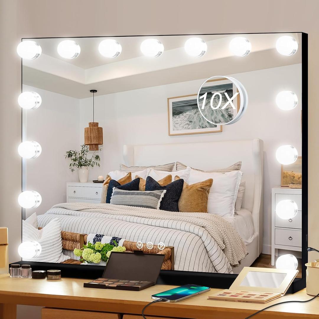 Moonee Black Vanity Mirror with Lights, Hollywood Lighted Makeup Mirror with 15 Dimmable Bulbs and 10X Magnification, 3 Colors Modes, Aluminum Metal Frame, Light Up Mirror for Tabletop/Wall23" x 18"
