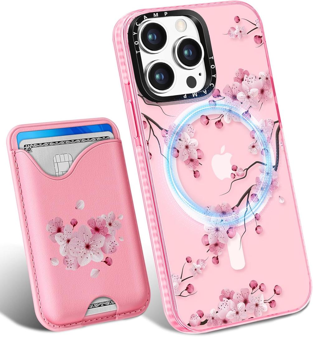 Toycamp for iPhone 15 Pro Case - Compatible with Magsafe Credit Card Holder Wallet Magnetic Cute Women Teen Girls Kawaii Girly Unique Flower Design Phone Cover for Apple 15 Pro 6.1"