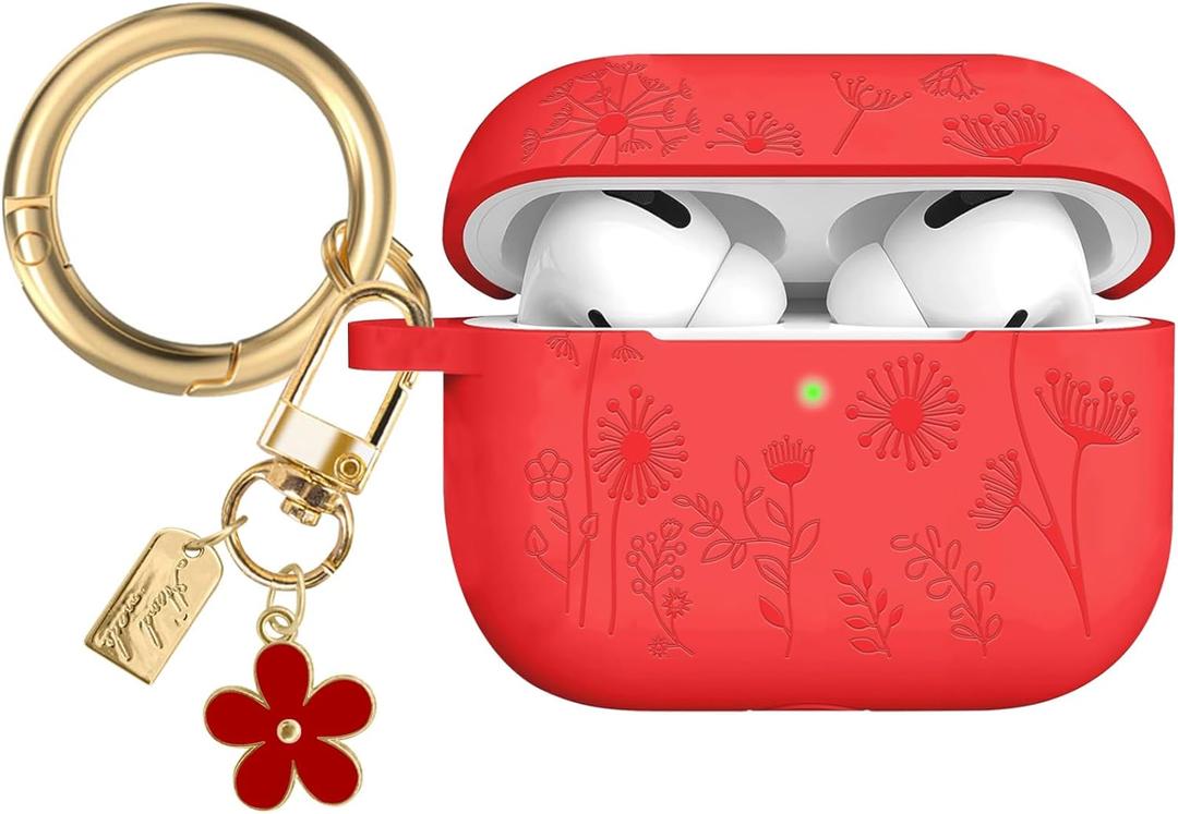 Flower Engraved Case Compatible with AirPods Pro 2 Case Cover 2022, Silicone Case for AirPods Pro 2nd/1st Generation with Cute Flower Keychain and Carabiner for Girls Women (Red)