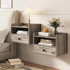 Floating Nightstand Set of 2 Modern Night Stands with Drawer and Open Shelf Cubby Small Bedside End Table with Charging Station Wall Mounted Nightstands Set 2 for Bedroom Grey, 15.8 inches x 11.5 inches x 11.5 inches