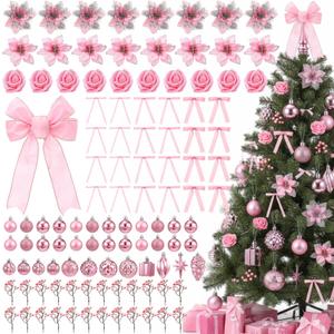 111Pcs Pink Christmas Tree Ornaments Set Include Xmas Tree Bow Topper Artificial Glitter Rose Velvet Bow Christmas Ball Ornaments Poinsettia Flowers Decoration Berries for Xmas Holiday Decor