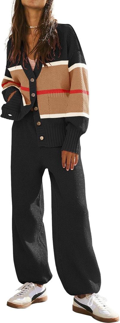 Women's 2 Piece Outfit Lounge Set Trendy Cardigan Sweater Pants Sets V Neck Button Pocket Knit Matching Loungewear (Medium, Blackbrown)