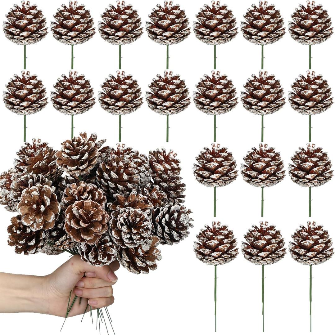 60 Pcs Pine Cones for Christmas Tree 1.38 x 5.1 Inch Frosted Snow Pine Cones Ornaments with Wired Pick for Crafts Holiday Wreath Garland Party Decorations
