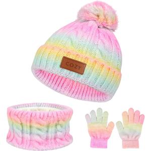 4 Pieces Winter Hat Scarf Glove Set for Women, Fleece Lined Beanie with Pom Pom, Touchscreen Gloves Knit Scarf for Cold Weather (4pcs adult black)